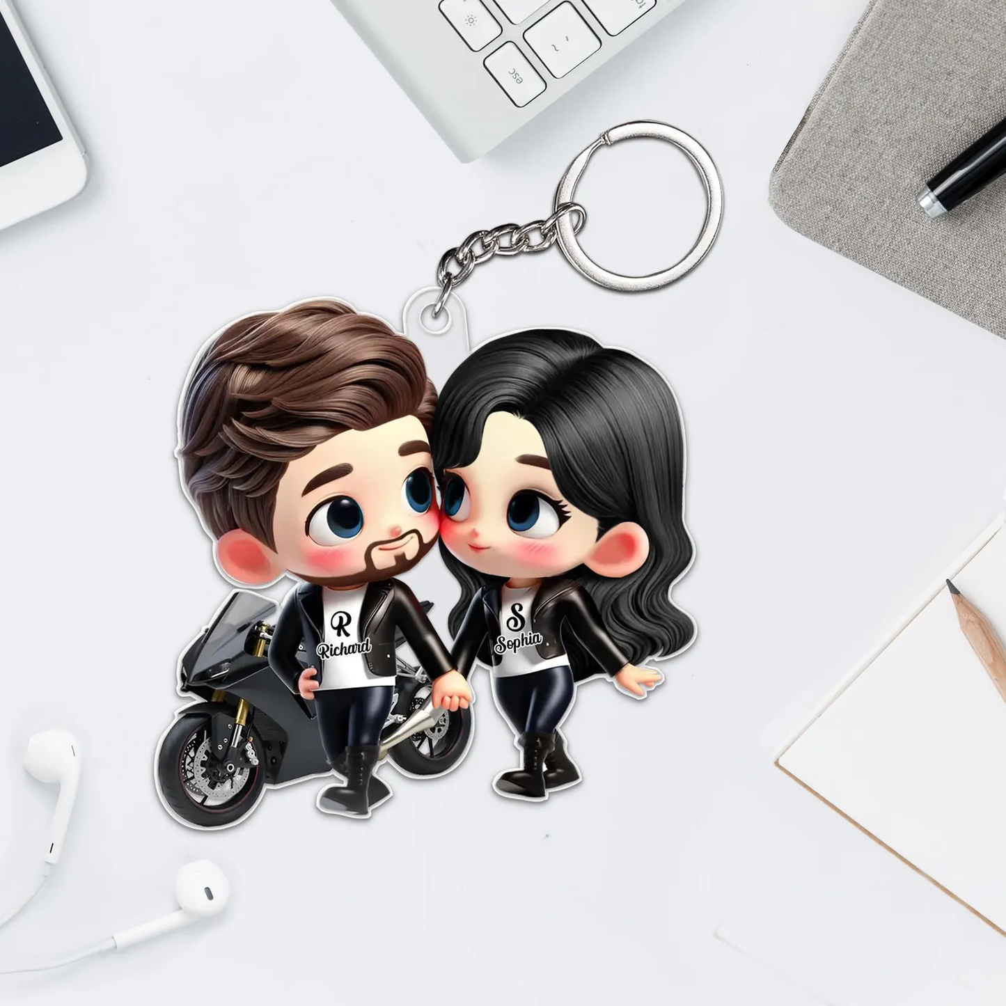 Cute Cartoon Motorcycle Couple - Personalized Acrylic Keychain - Anniversary & Valentine's Day Gift for him, Gift for her